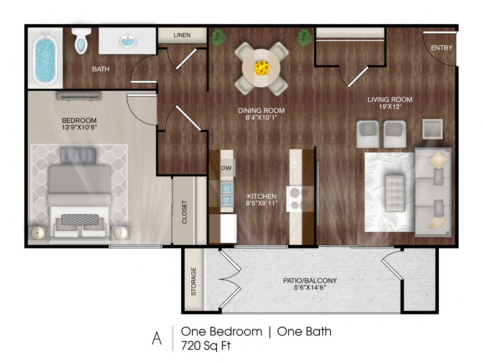 Floor plan for 1 bed, 1 bath, 720 sqft